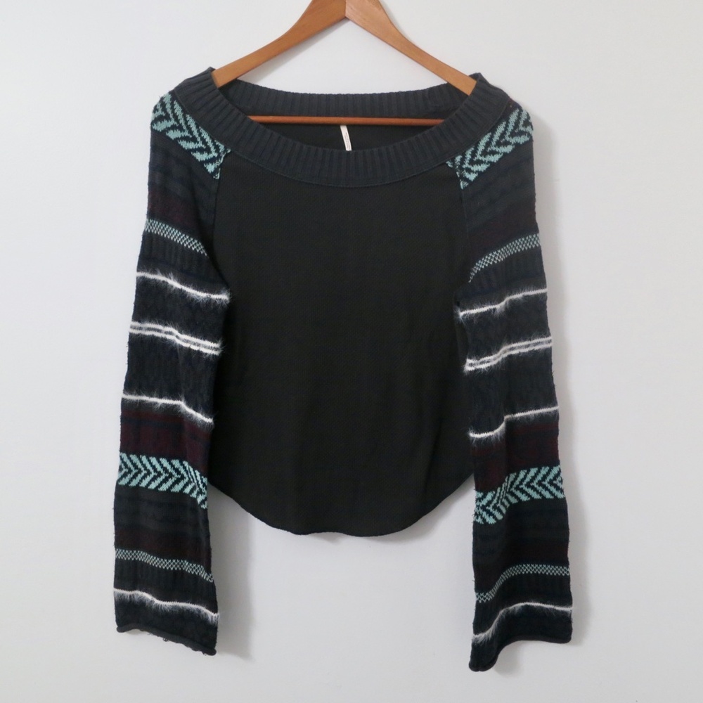Free People Fairground Thermal Waffle Knit Bell Sleeve Pullover Cropped Sweater